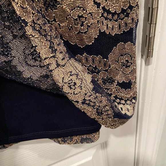 Jessica Howard Evenings Size 12 Long Sleeve Navy Blue Gold Lacy Sheath Dress - Picture 5 of 11